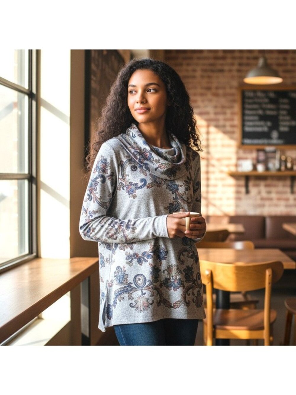 Floral Cowl Neck Long Sleeve Tunic Top With Beaded Embellishments Gray/Blue Wome